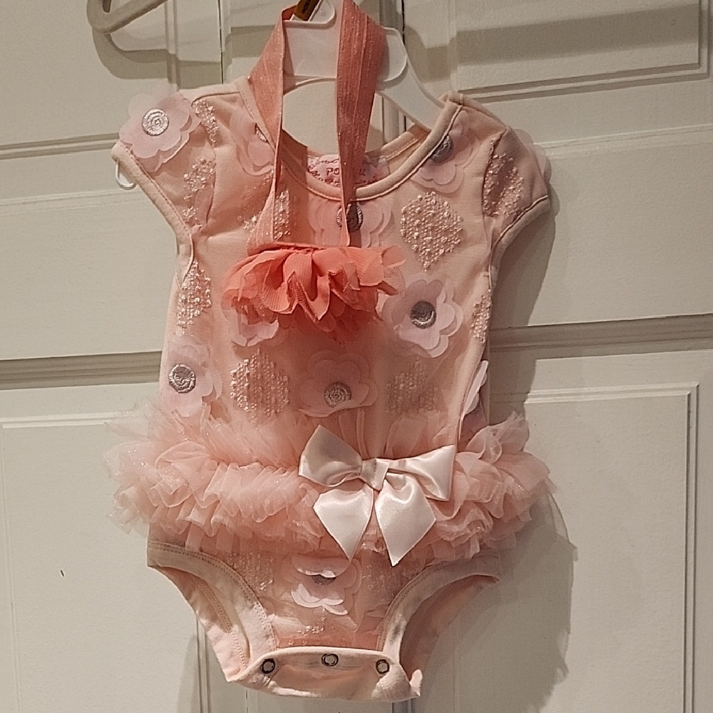 Popatu Peach Floral Bodysuit with Tulle and Bow